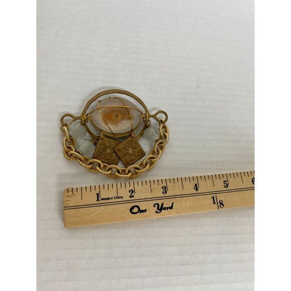 Vintage Gold-Tone Art Deco Brooch With Wired Stone Frosted Beads & Chain - Picture 5 of 5